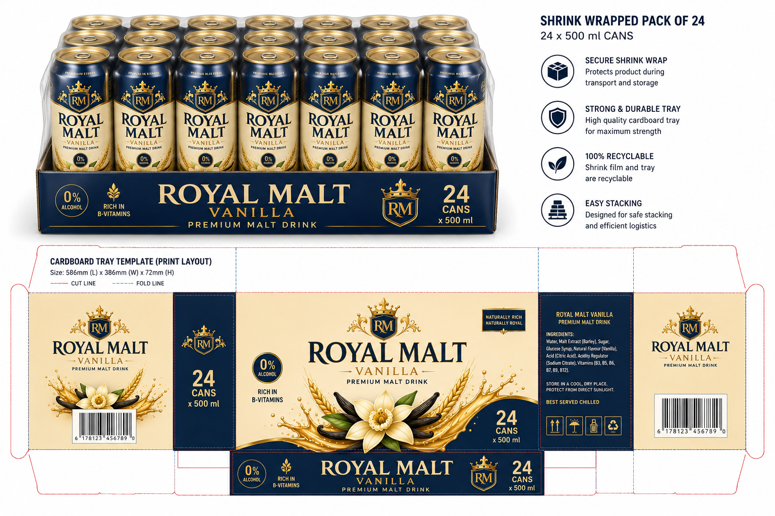 Royal Malt shrink-wrapped 24-can pack