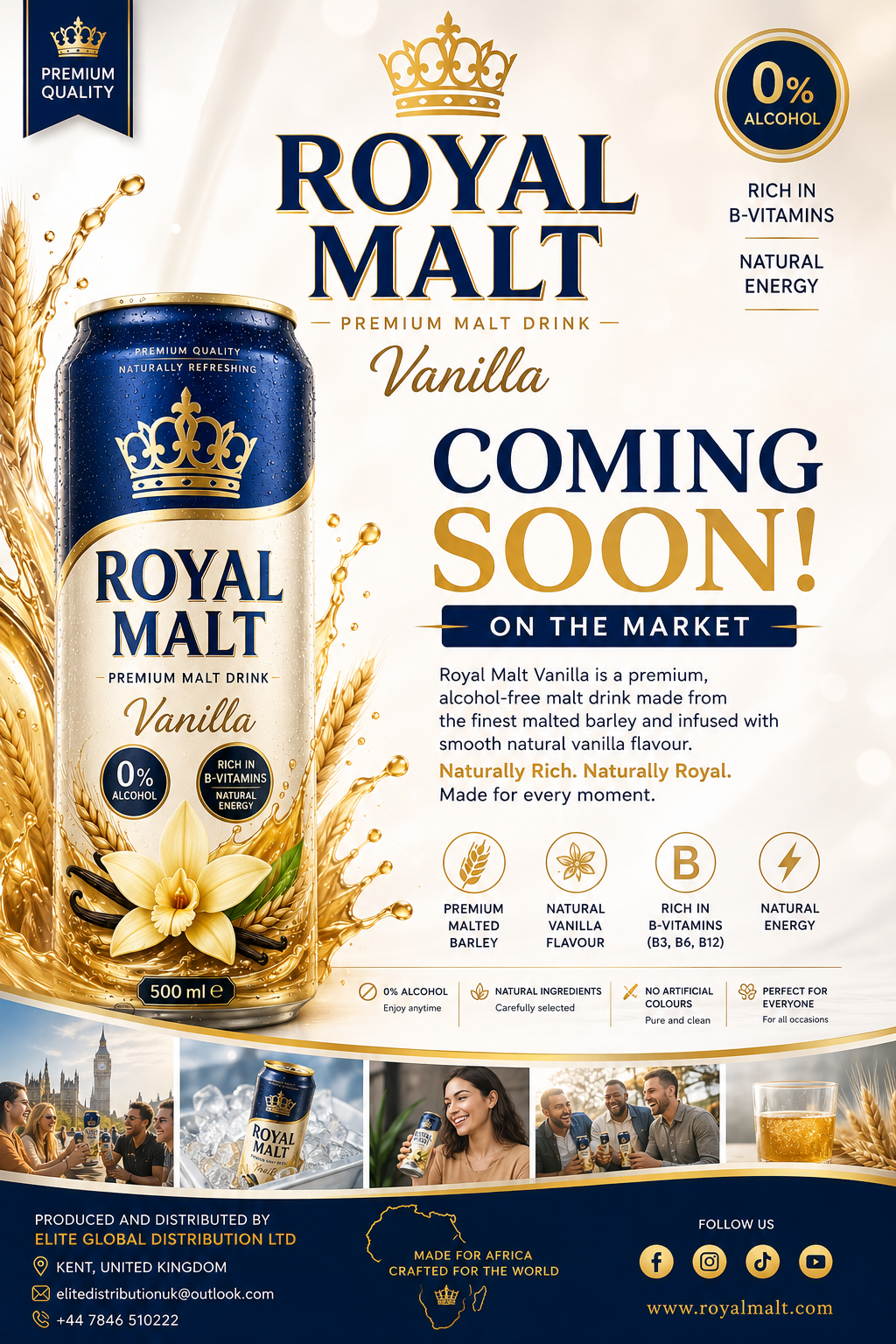 Royal Malt Vanilla 500ml premium can with vanilla flower and golden malt splash