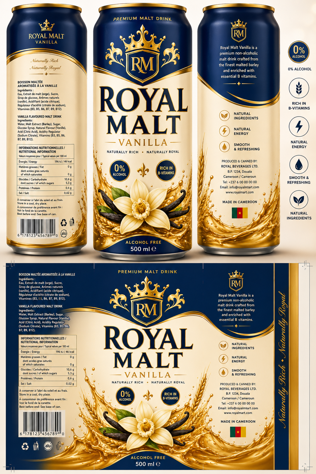 Royal Malt Vanilla can — front, side and back view